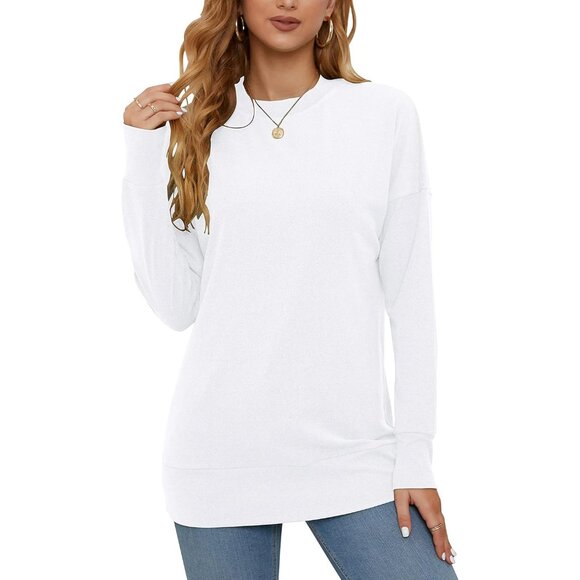 🆕 Women White Casual Long Sleeve Round Neck Shirts Tunic Tops Leggings Stylish - Picture 5 of 6